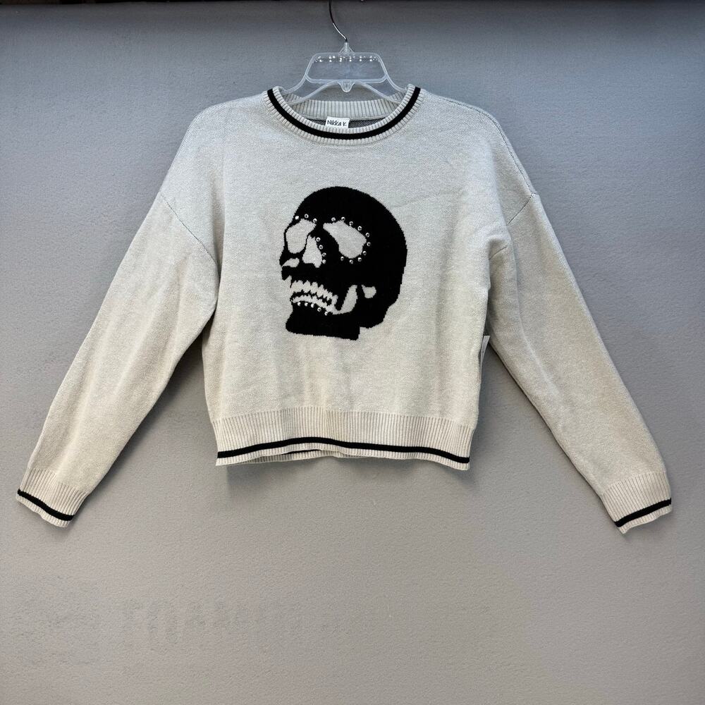 Nikka K Scull Sweater Women's M Grey Black Bedazzled Bling Goth Preppy